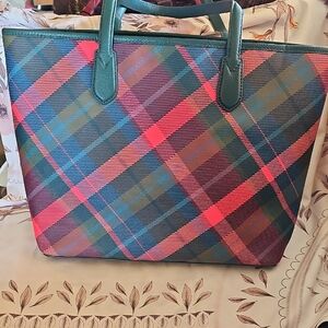 Talbots Multicolor Plaid Tote with Green Leather Handles And Trim